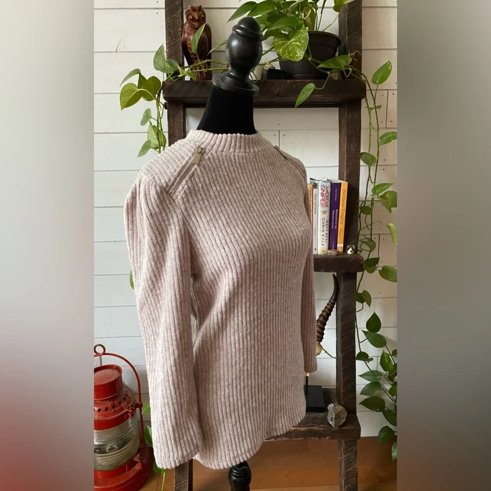 Olivia Blu: Cream Tan Soft Sweater with Zippers at Collar